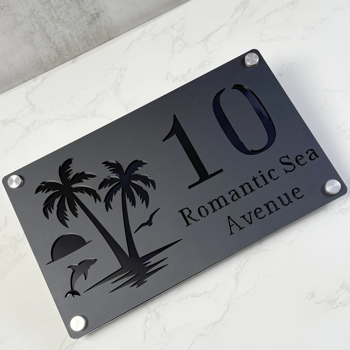 CUSTOM HOUSE SIGN NUMBER STREET SIGN ISLAND BEACH PALM TREE DOLPHIN ACRYLIC ADDRESS DOOR WALL PLAQUE