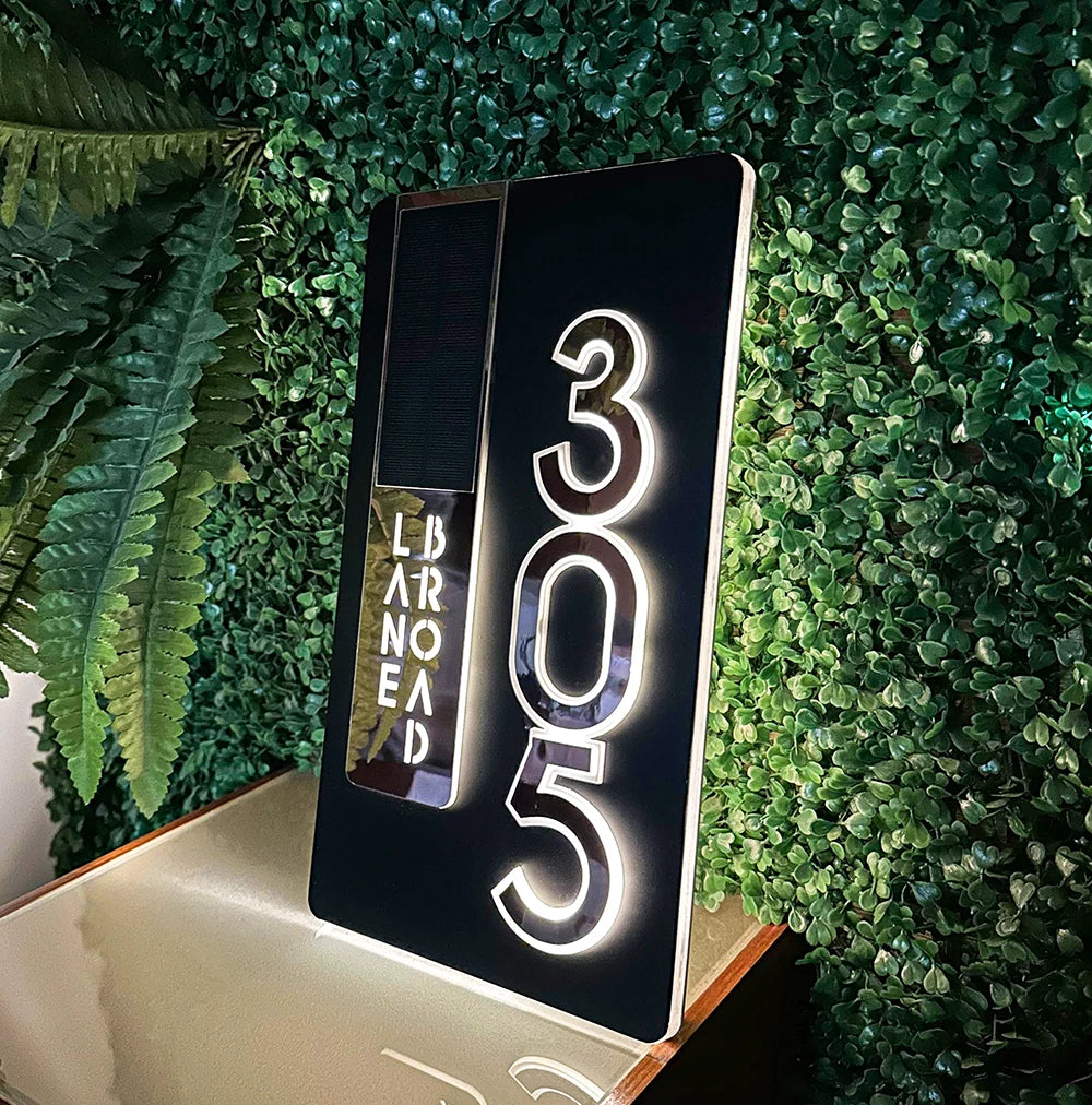 CUSTOM SOLAR LED HOUSE NUMBER SIGN ADDRESS CUSTOM ACRYLIC VERTICAL BACKLIT ROSE GOLD SILVER