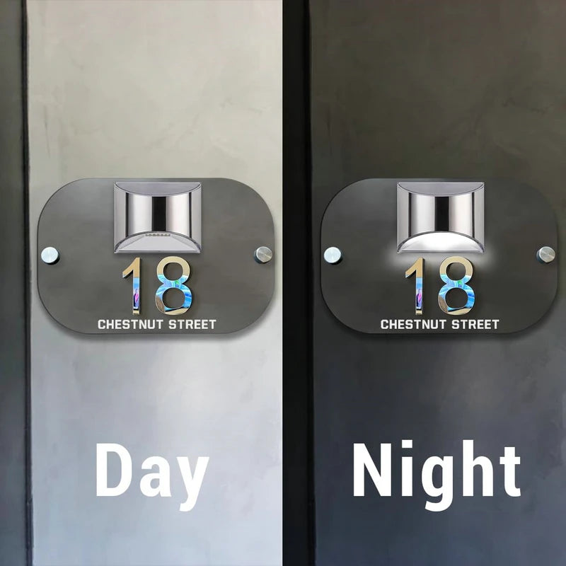 LED SOLAR OVAL BLACK SILVER CUSTOM HOUSE SIGN NUMBER STREET SIGN ACRYLIC ADDRESS DOOR WALL PLAQUE