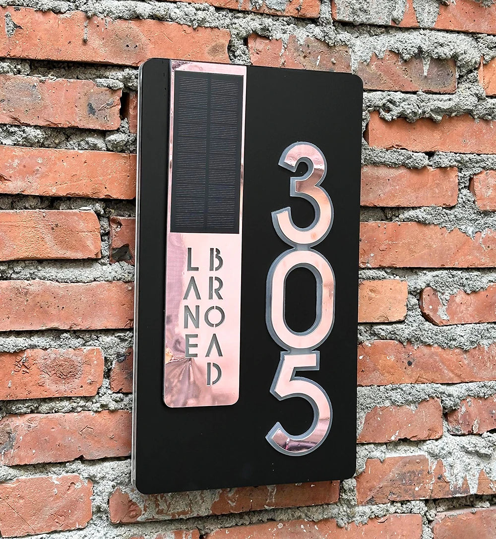 CUSTOM SOLAR LED HOUSE NUMBER SIGN ADDRESS CUSTOM ACRYLIC VERTICAL BACKLIT ROSE GOLD SILVER