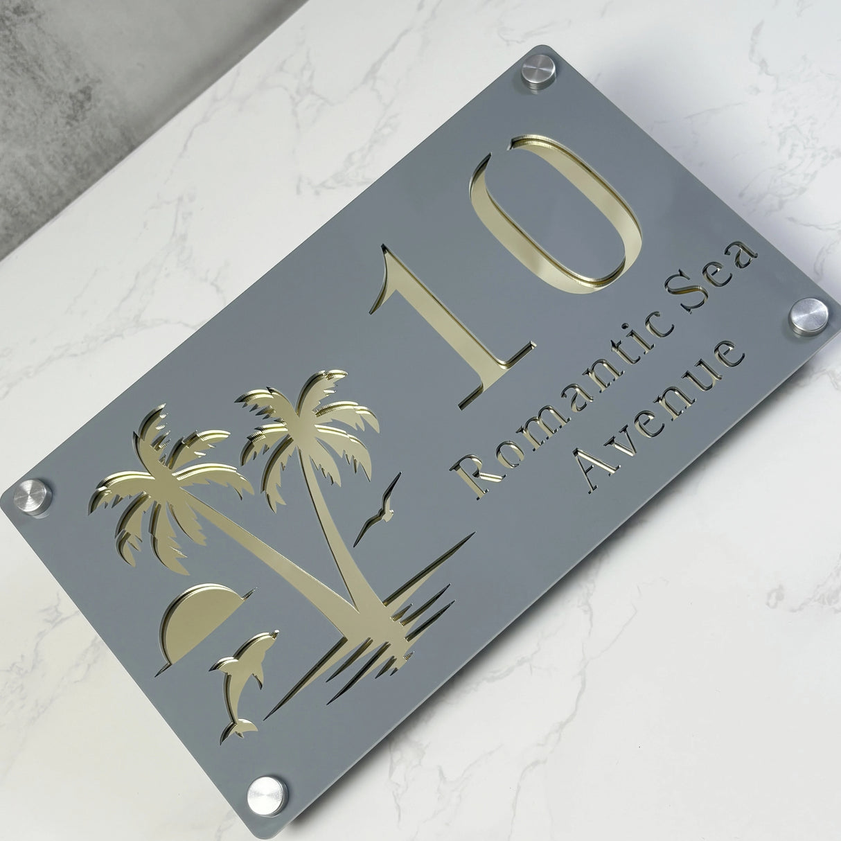 CUSTOM HOUSE SIGN NUMBER STREET SIGN ISLAND BEACH PALM TREE DOLPHIN ACRYLIC ADDRESS DOOR WALL PLAQUE