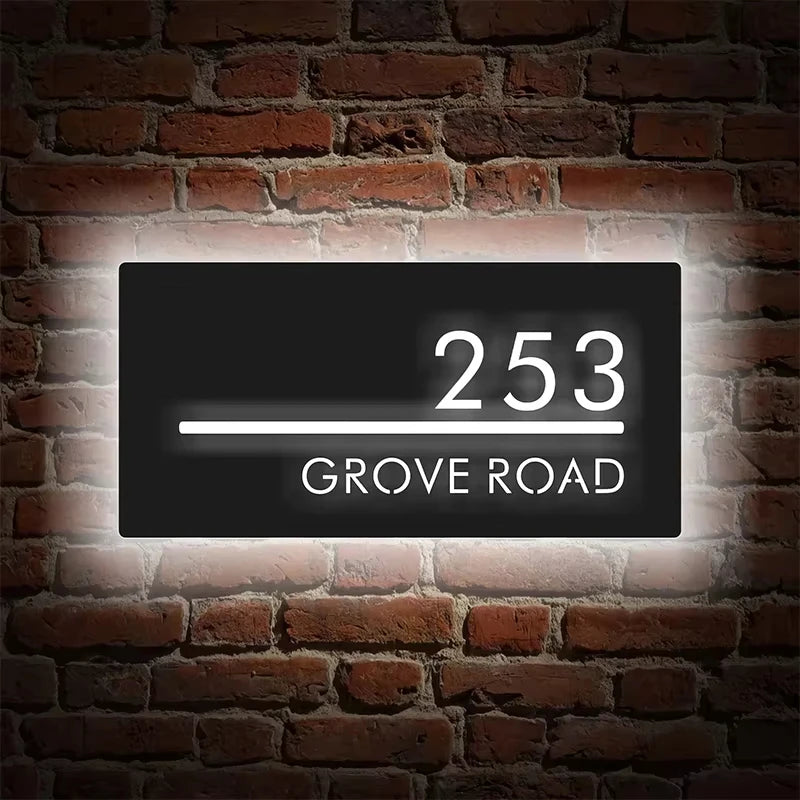 Custom LED House Number Sign | Black Stainless Steel Backlit Plaque