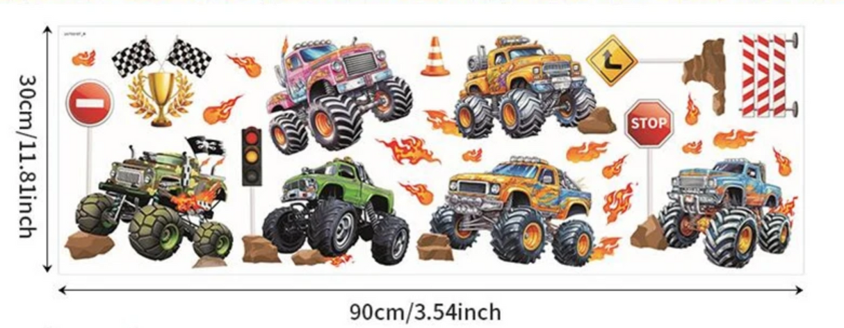 MONSTER TRUCKS CAR RACING FLAMES TRAFFIC 3D WALL STICKER MURAL ART Decal