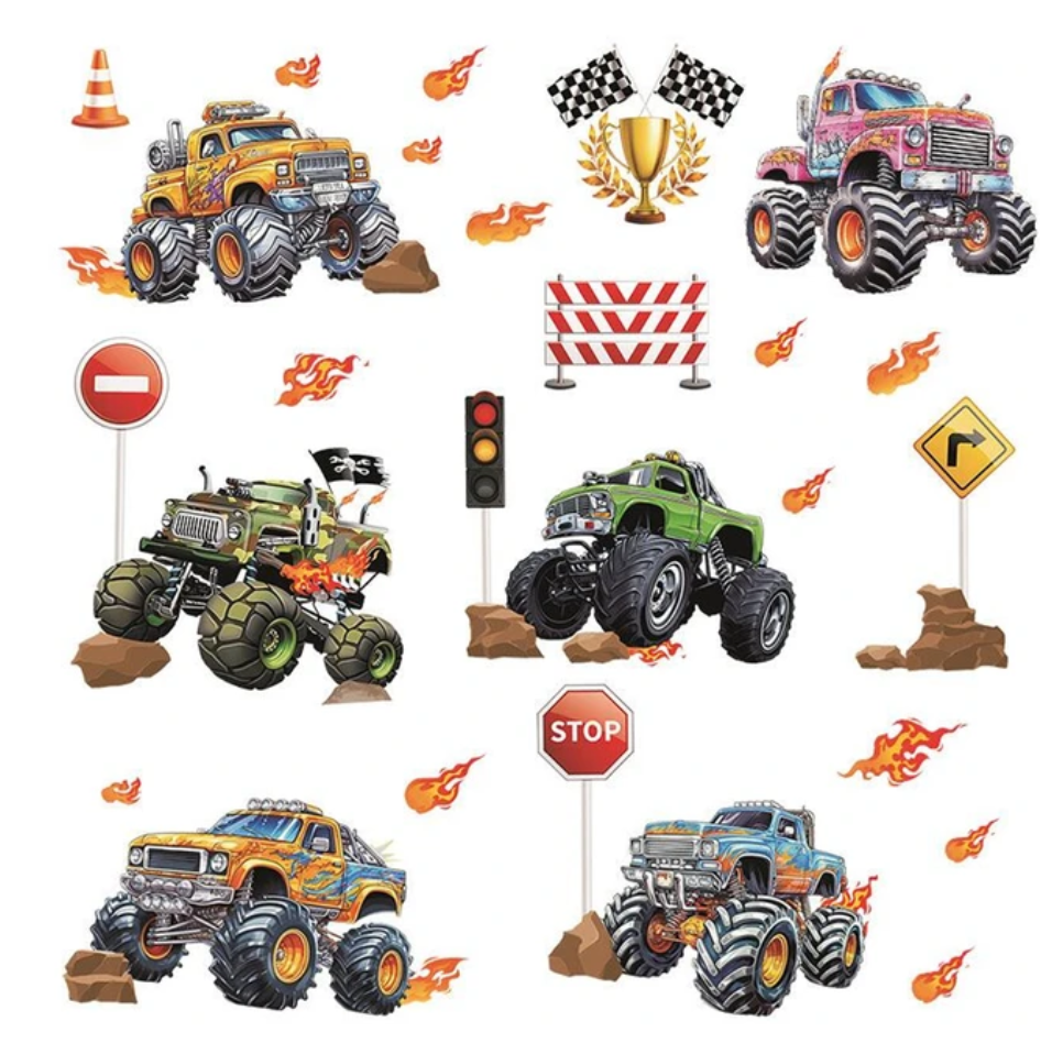 MONSTER TRUCKS CAR RACING FLAMES TRAFFIC 3D WALL STICKER MURAL ART Decal