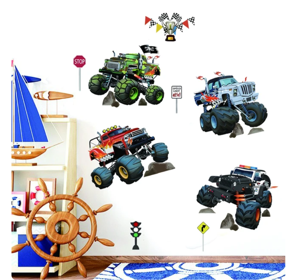 MONSTER TRUCKS CAR RACING CHAMPIONSHIP CUP FLAMES 3D WALL STICKER MURAL ART Decal