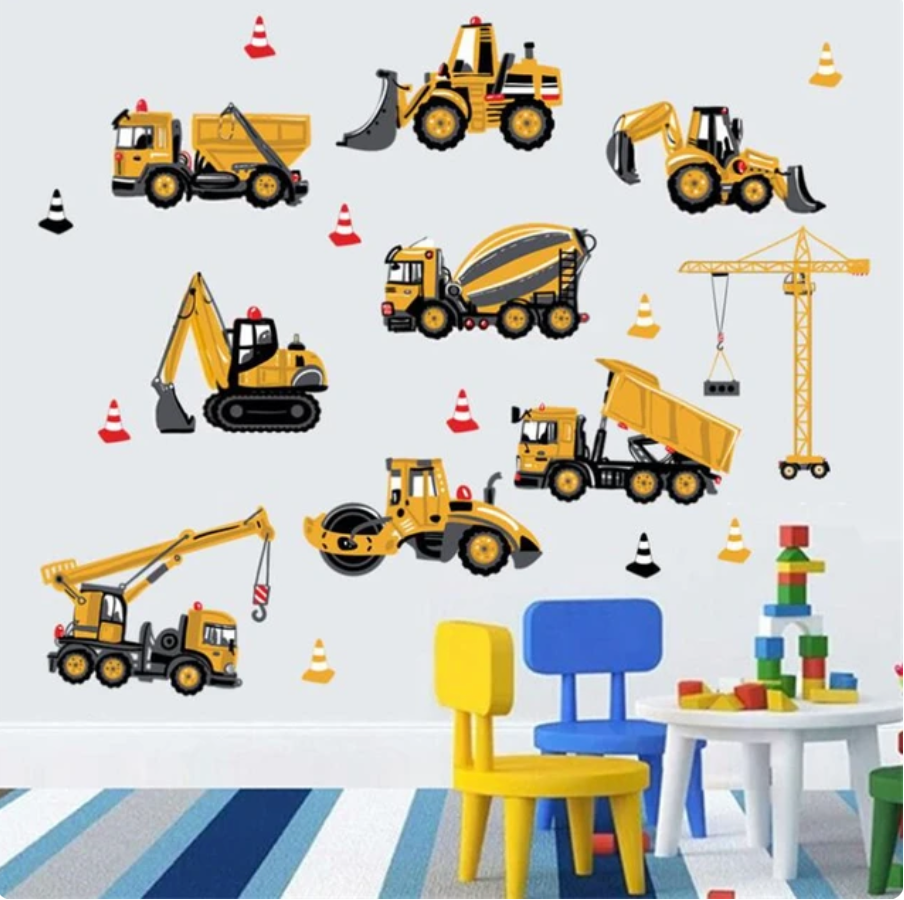 CONSTRUCTION TRUCKS BUILD SITE CRANE TRACTOR 3D WALL STICKER MURAL ART Decal