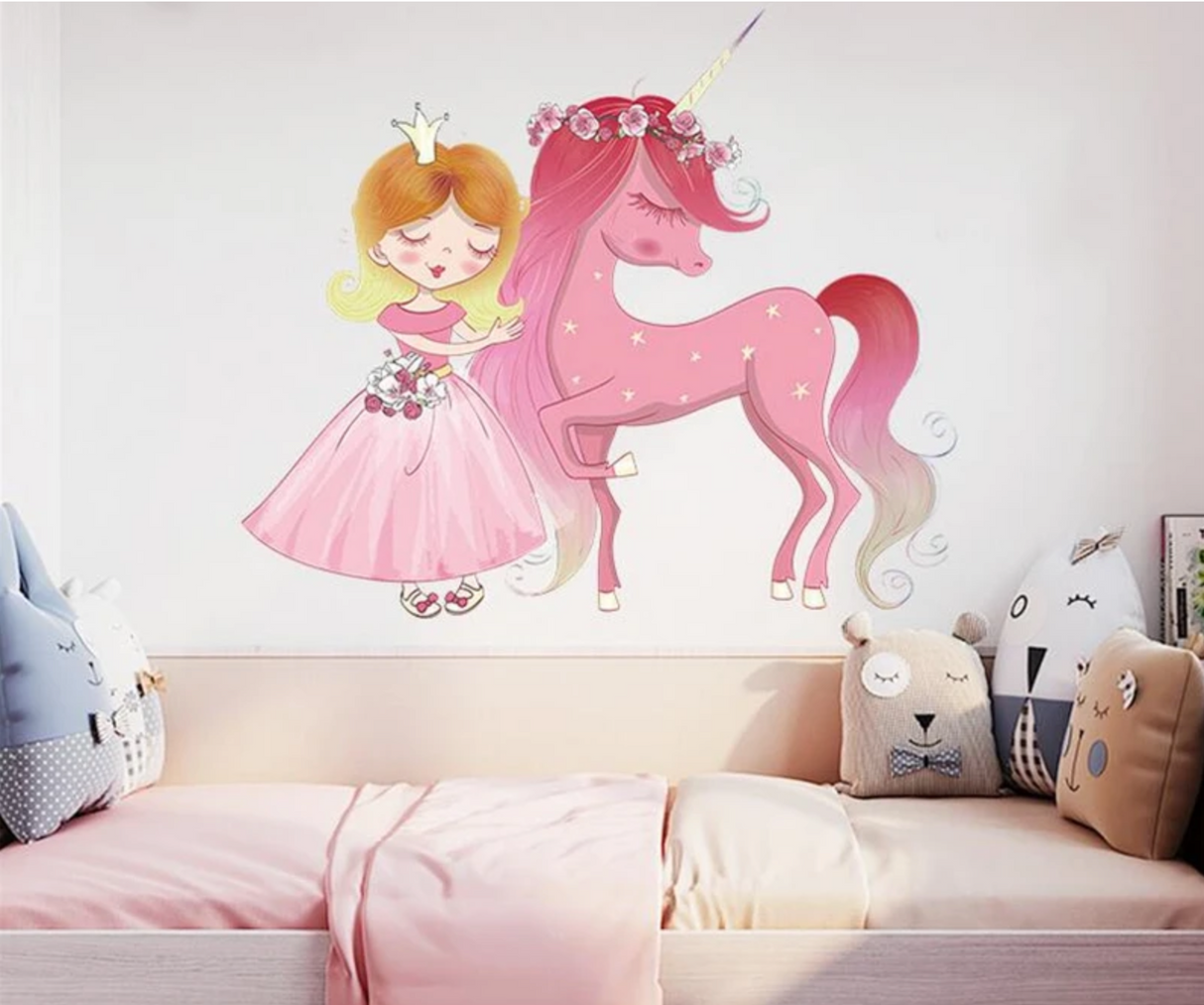 PRINCESS & UNICORN FLOWER PRETTY IN PINK CROWN 3D WALL STICKER MURAL ART Decal