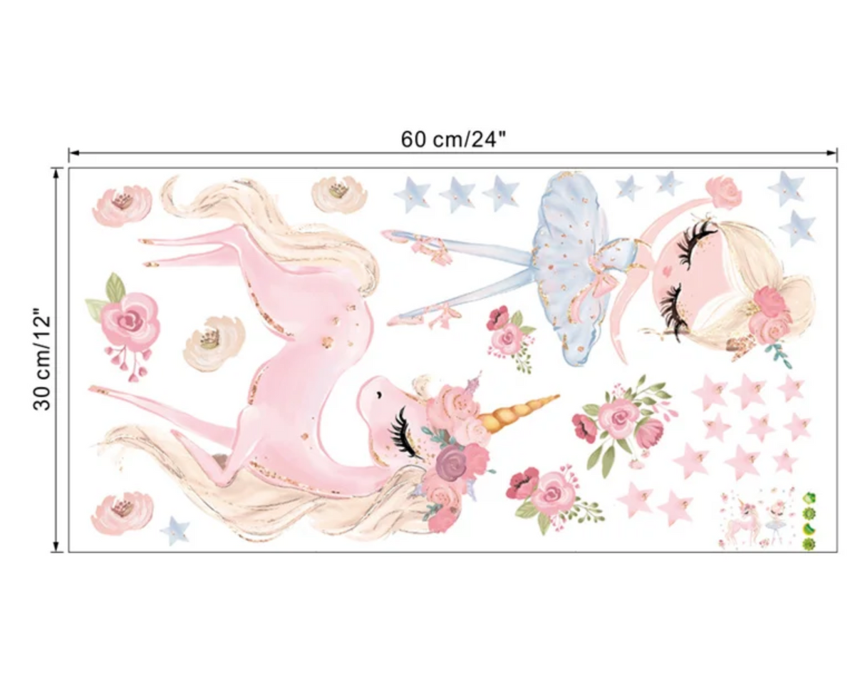 PRINCESS BALLERINA & UNICORN FLOWERS DANCING ROSES 3D WALL STICKER MURAL ART Decal