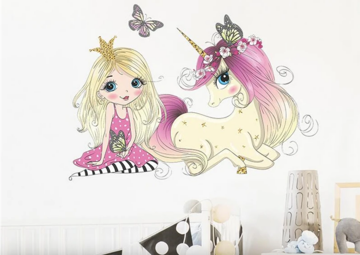 PRINCESS & UNICORN FRIENDS BUTTERFLIES 3D WALL STICKER MURAL ART Decal