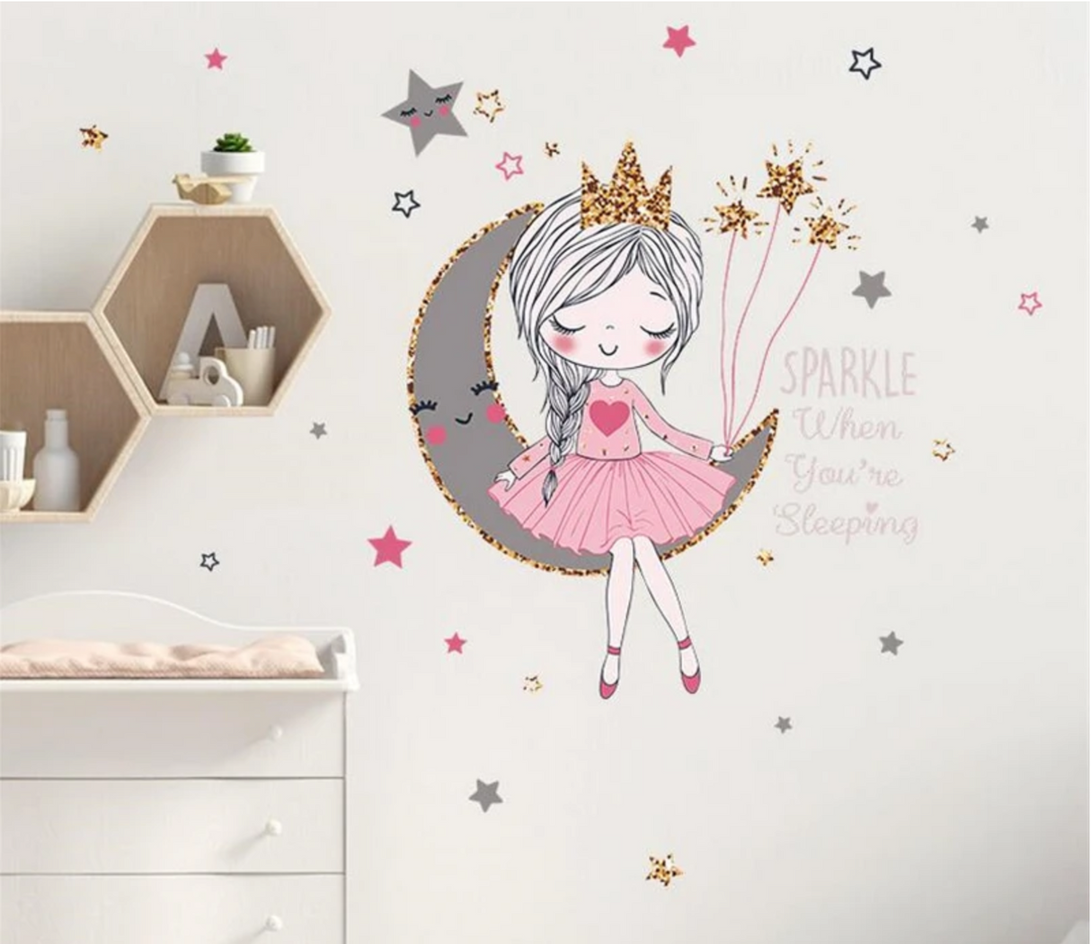 SLEEPING PRINCESS BALLERINA ON CRESCENT MOON SPARKLE STARS 3D WALL STICKER MURAL ART Decal