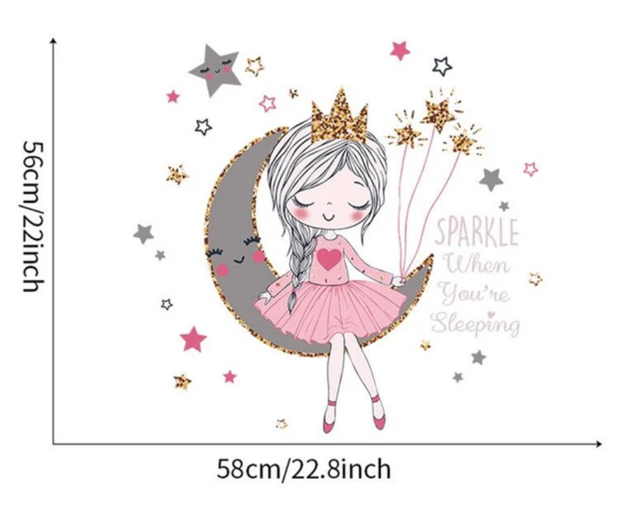 SLEEPING PRINCESS BALLERINA ON CRESCENT MOON SPARKLE STARS 3D WALL STICKER MURAL ART Decal