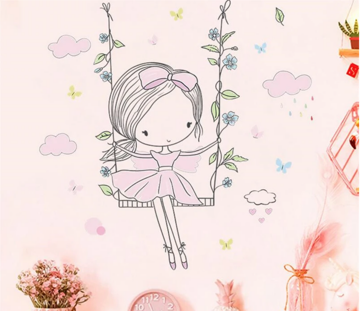 PRINCESS BALLERINA ON FLOWER SWING CLOUDS BUTTERFLIES 3D WALL STICKER MURAL ART Decal