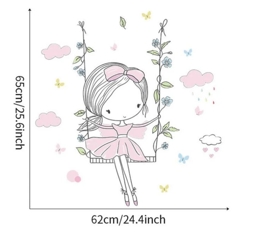 PRINCESS BALLERINA ON FLOWER SWING CLOUDS BUTTERFLIES 3D WALL STICKER MURAL ART Decal