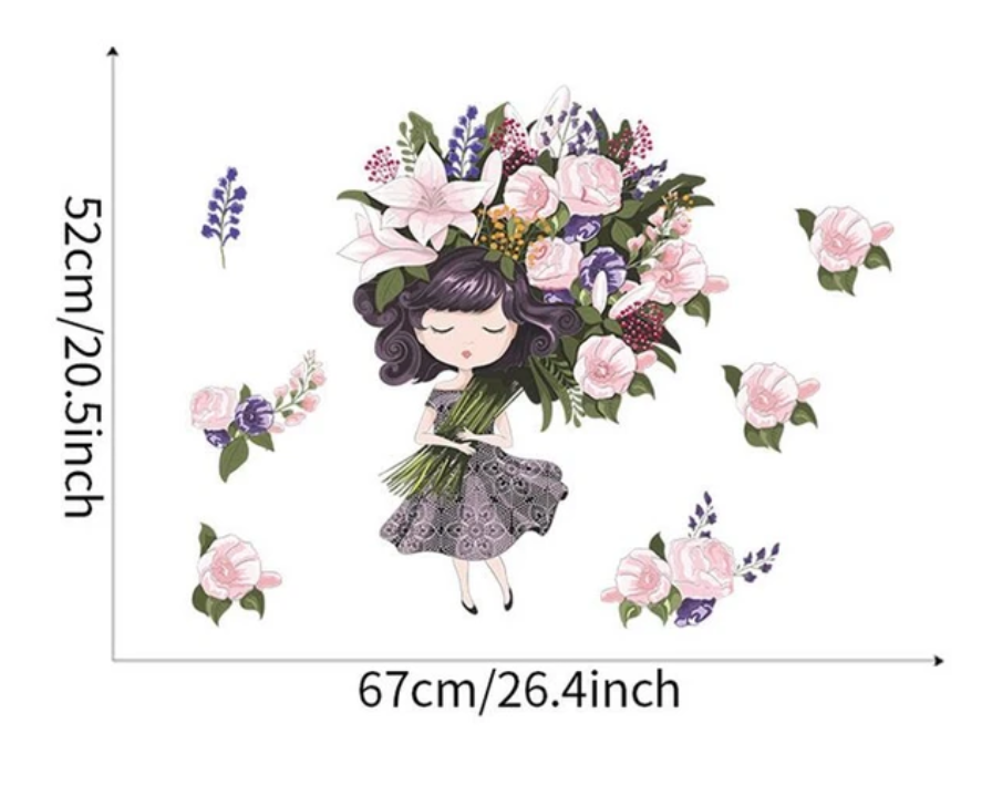 PRINCESS WITH FLOWER BOUQUET ROSES GIRL LAVENDER 3D WALL STICKER MURAL ART Decal