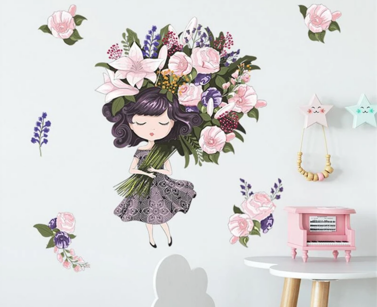 PRINCESS WITH FLOWER BOUQUET ROSES GIRL LAVENDER 3D WALL STICKER MURAL ART Decal