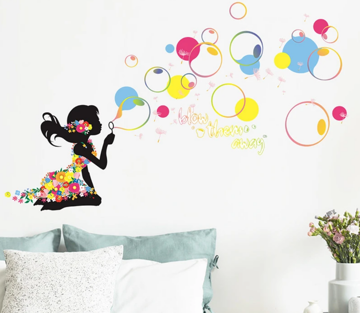 GIRL BLOWING RAINBOW BUBBLES FLOWERS DAISY 3D WALL STICKER MURAL ART Deca