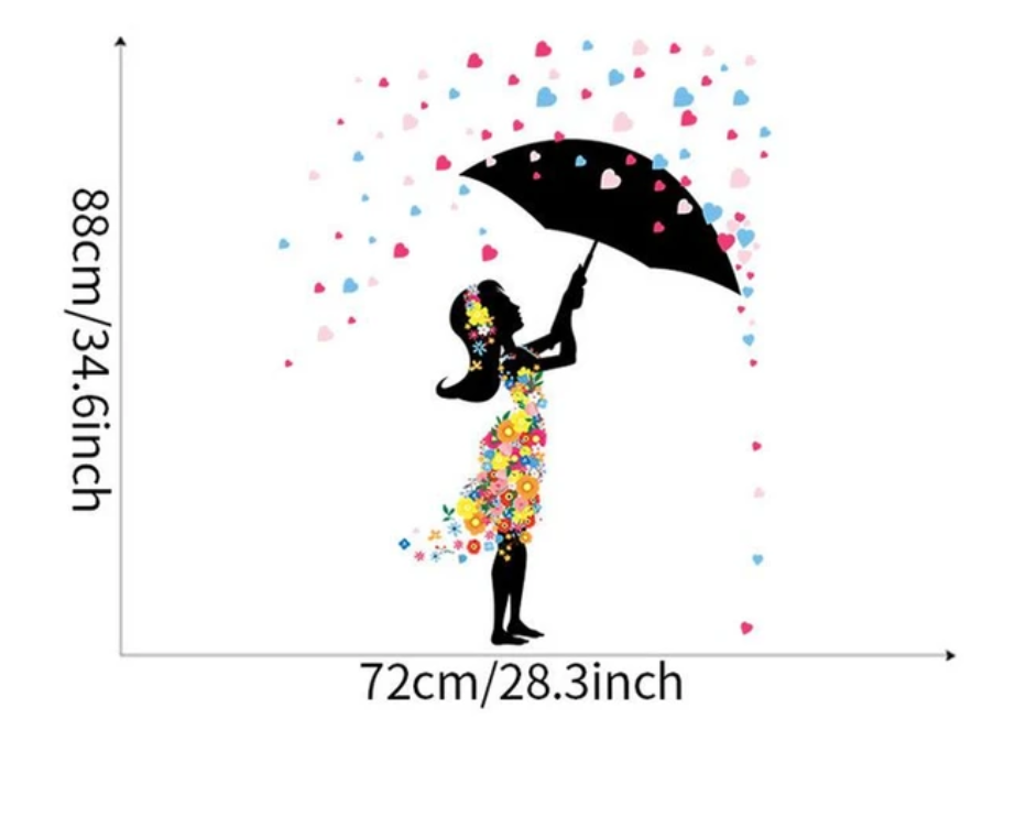 GIRL SILHOUETTE UNDER LOVE HEART SHOWER UMBRELLA FLOWERS 3D WALL STICKER MURAL ART Decal