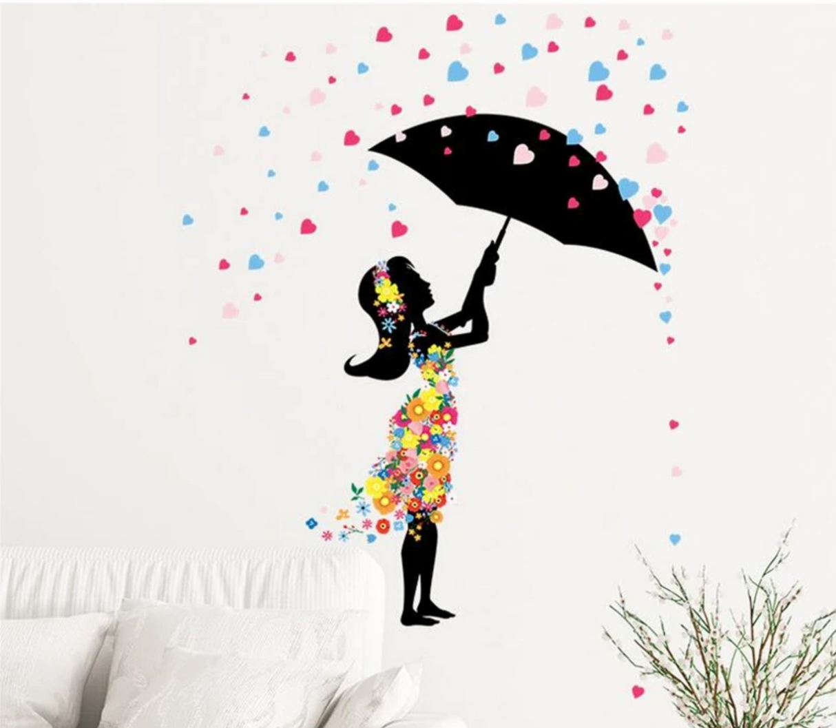 GIRL SILHOUETTE UNDER LOVE HEART SHOWER UMBRELLA FLOWERS 3D WALL STICKER MURAL ART Decal