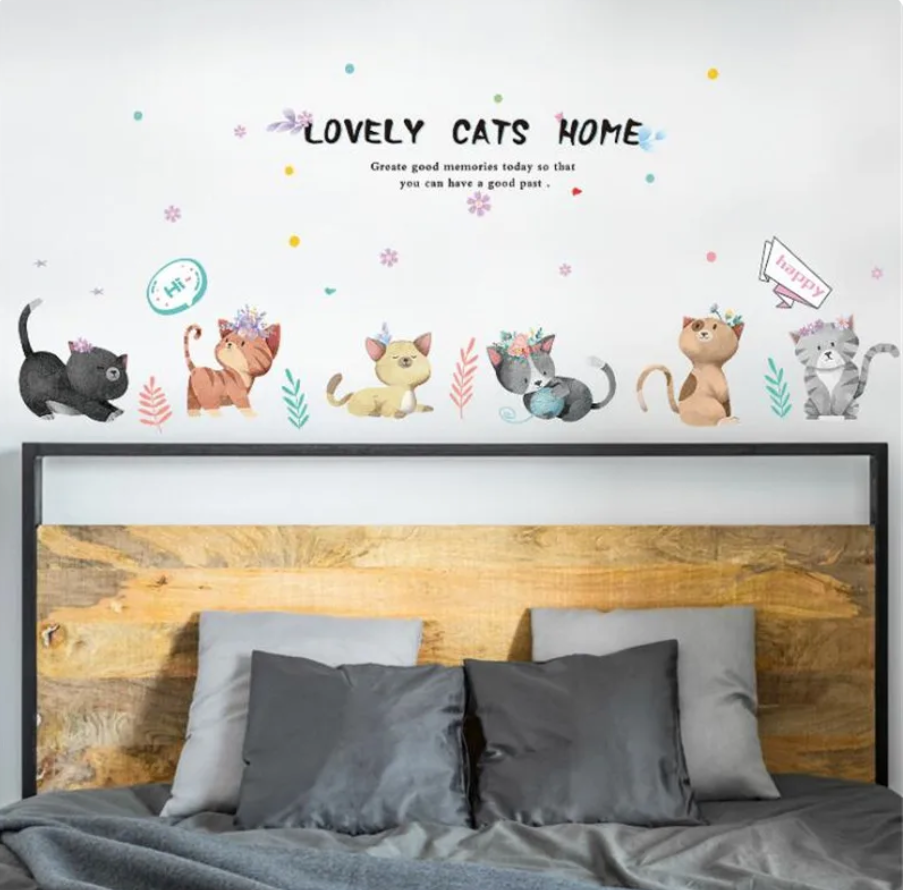 LOVELY CATS STRETCHING WITH FLOWERS KITTY KITTENS 3D WALL STICKER MURAL ART Decal
