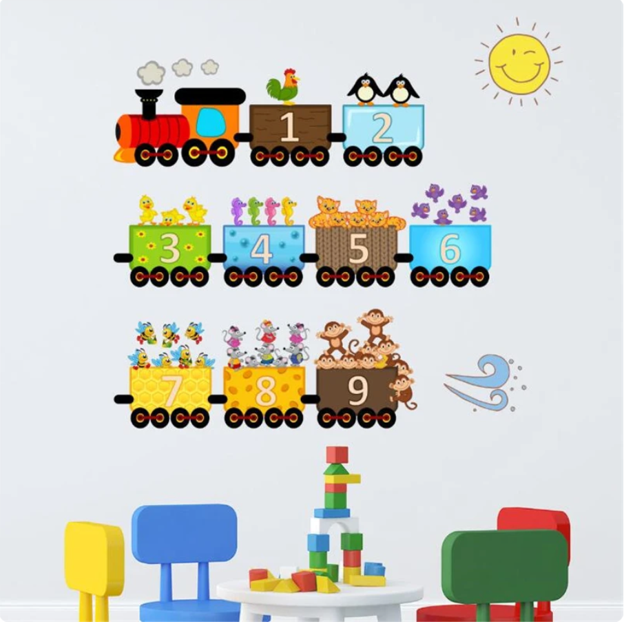 NUMBERS COUNTING TRAINS FISH ROOSTER MONKEY ANIMALS 3D WALL STICKER MURAL ART Decal