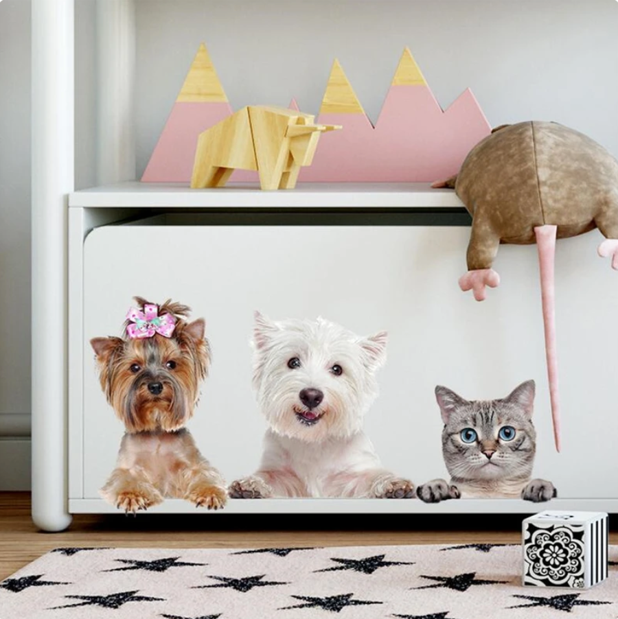 CATS DOGS FRIENDS KITTEN PUPPY BOW CUTE ANIMALS PAWS BROWN WHITE 3D WALL STICKER MURAL ART Decal