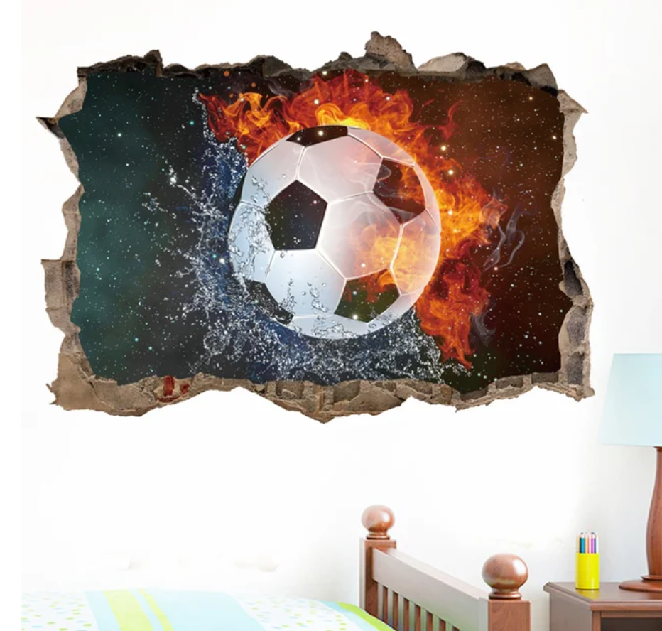 SOCCER FOOTBALL SPORTS BALL FIRE & WATER 3D WALL STICKER MURAL ART Decal