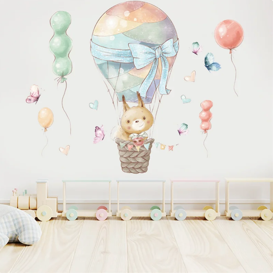 BUNNY RABBIT HOT AIR BALLOONS ANIMALS BRICKS 3D WALL STICKER MURAL ART Decal
