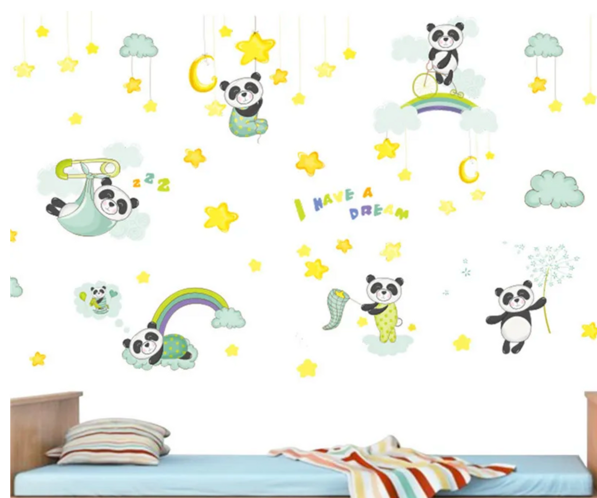 SLEEPING DREAMING FLUFFY PANDA BEAR MOON STARS CLOUDS CUTE ANIMALS 3D MINI WALL STICKER MURAL ART Decal