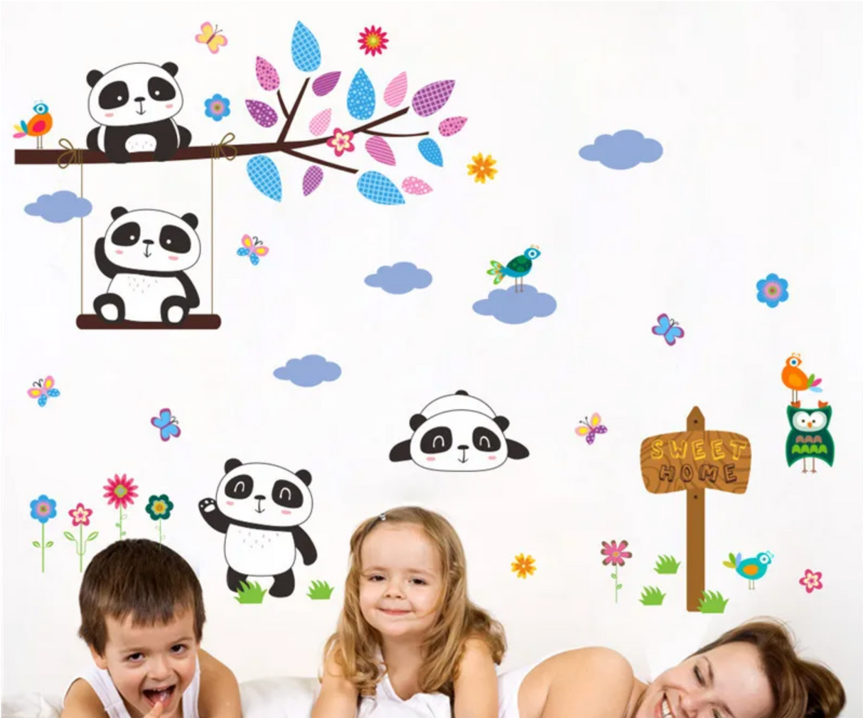 FLUFFY PANDA BEAR IN TREES CLOUDS LEAVES CUTE ANIMALS 3D MINI WALL STICKER MURAL ART Decal