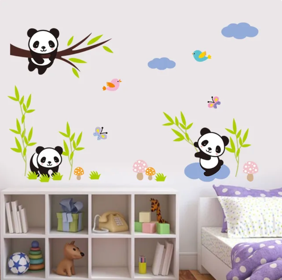 FLUFFY PANDA BEARS BAMBOO CLOUDS BUTTERFLIES CUTE ANIMALS 3D MINI WALL STICKER MURAL ART Decal
