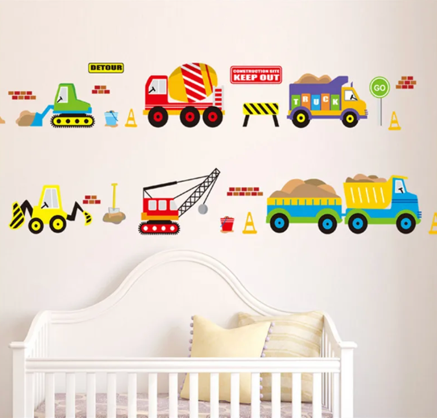 TRUCKS CONSTRUCTION CARS VEHICLES TRACTOR CRANE 3D WALL STICKER MURAL ART Decal