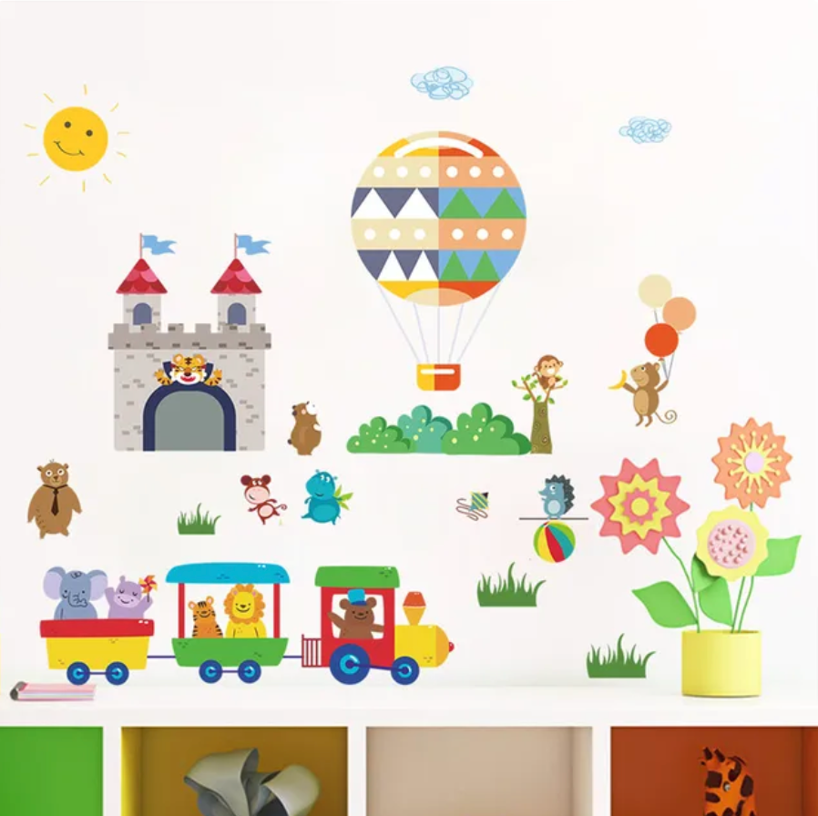 CASTLE HOT AIR BALLOON SUN SKY CLOUDS ANIMALS BALLOONS 3D WALL STICKER MURAL ART Decal