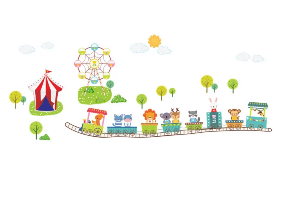 ANIMALS IN TRAIN CAR CIRCUS TENT FERRIS WHEEL TREES CLOUDS 3D WALL STICKER MURAL ART Decal