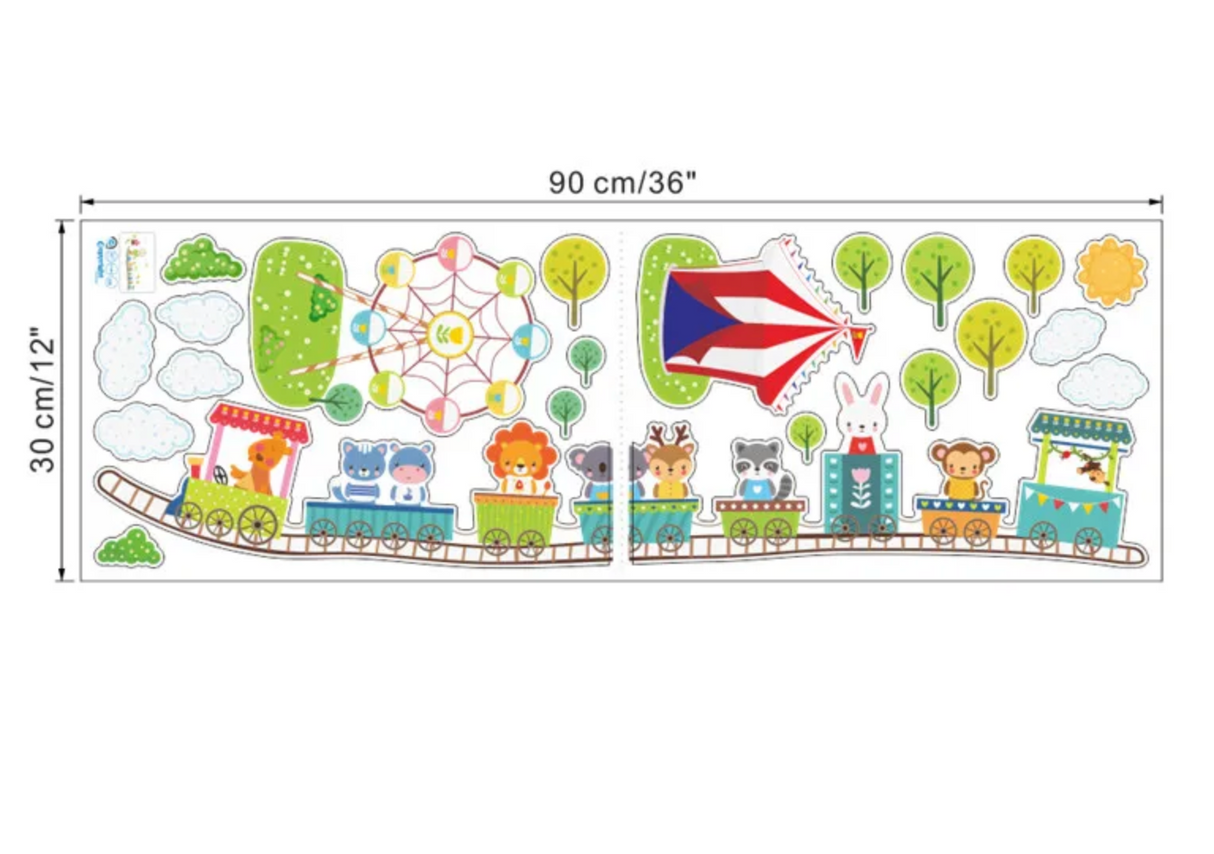 ANIMALS IN TRAIN CAR CIRCUS TENT FERRIS WHEEL TREES CLOUDS 3D WALL STICKER MURAL ART Decal