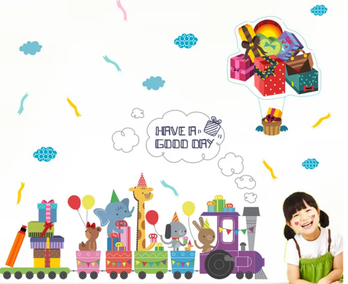 ANIMALS IN TRAIN CARS HOT AIR BALLOON CLOUDS PRESENTS 3D WALL STICKER MURAL ART Decal