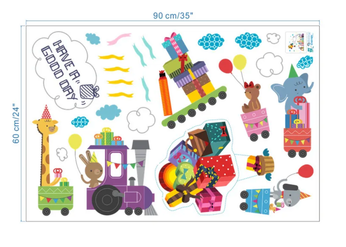 ANIMALS IN TRAIN CARS HOT AIR BALLOON CLOUDS PRESENTS 3D WALL STICKER MURAL ART Decal