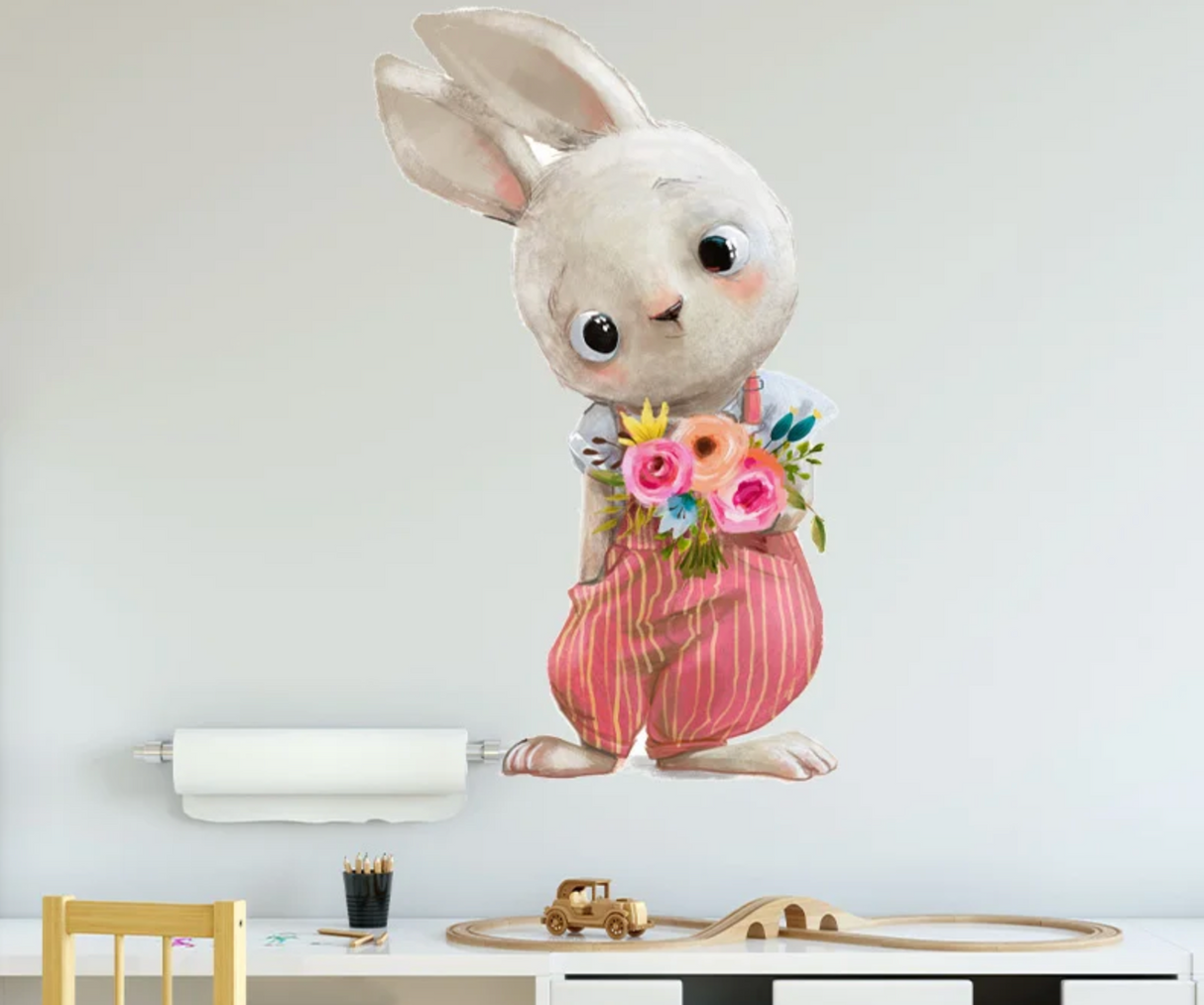 WHITE BUNNY RABBIT HOLDING FLOWERS BOUQUET 3D WALL STICKER MURAL ART Decal