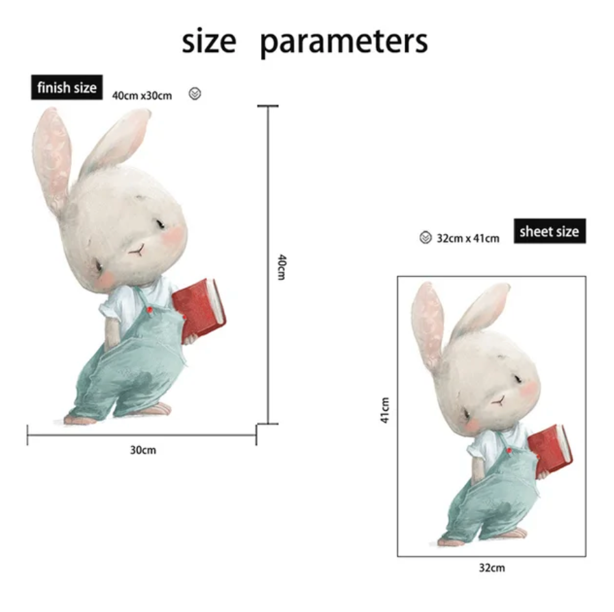 WHITE BUNNY RABBIT WITH BOOK READING CUTE ANIMALS 3D WALL STICKER MURAL ART Decal