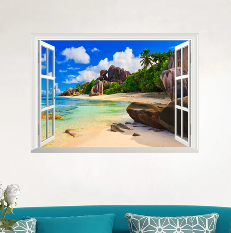 TROPICAL ISLAND FAKE WINDOW LANDSCAPE NATURE PHOTOGRAPHY 3D WALL STICKER MURAL ART Decal