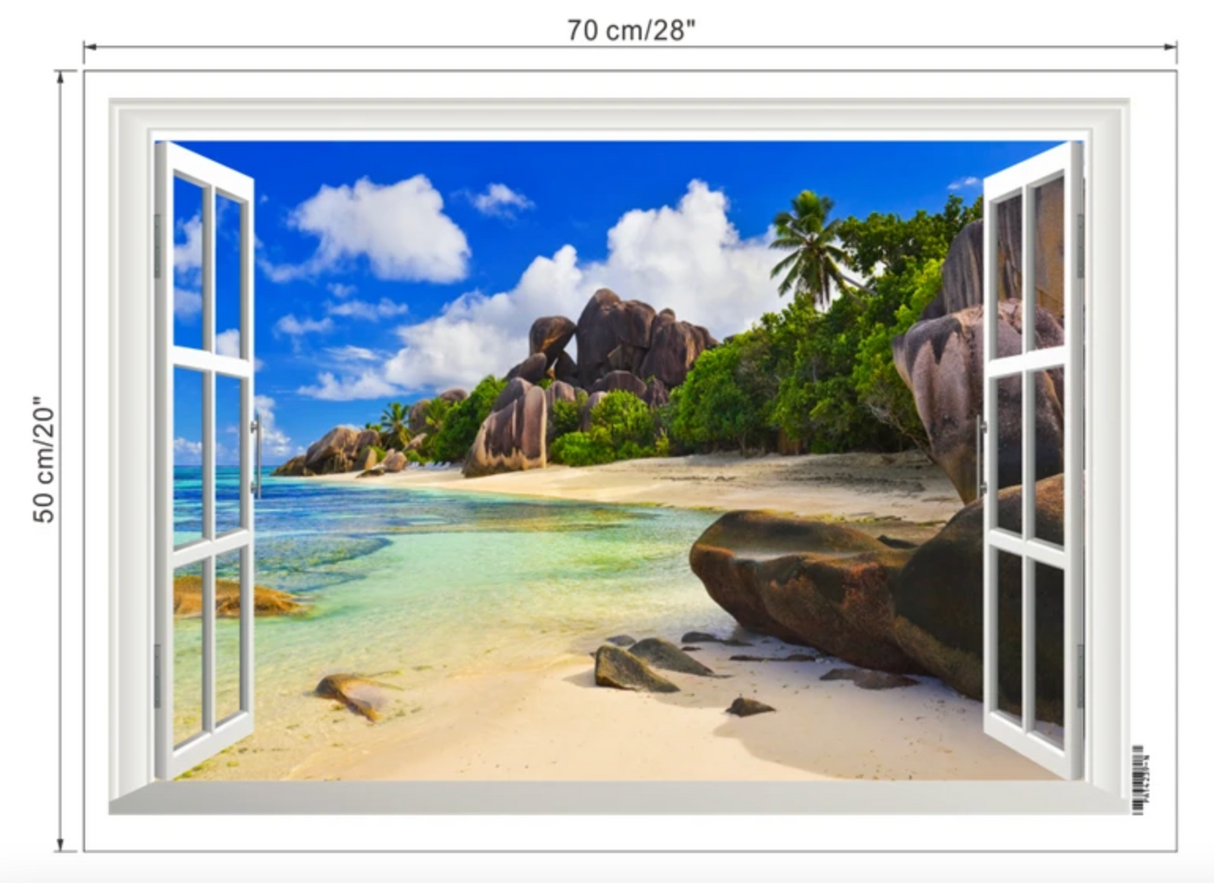 TROPICAL ISLAND FAKE WINDOW LANDSCAPE NATURE PHOTOGRAPHY 3D WALL STICKER MURAL ART Decal