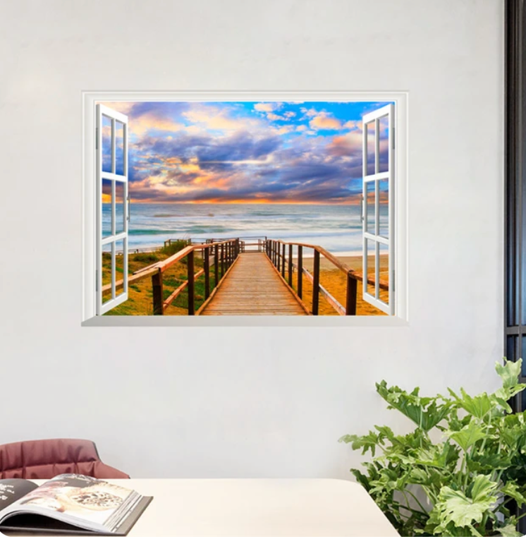 BEACH OCEAN PIER AT SUNSET FAKE WINDOW LANDSCAPE NATURE PHOTOGRAPHY 3D WALL STICKER MURAL ART Decal