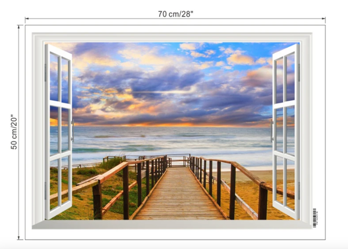 BEACH OCEAN PIER AT SUNSET FAKE WINDOW LANDSCAPE NATURE PHOTOGRAPHY 3D WALL STICKER MURAL ART Decal