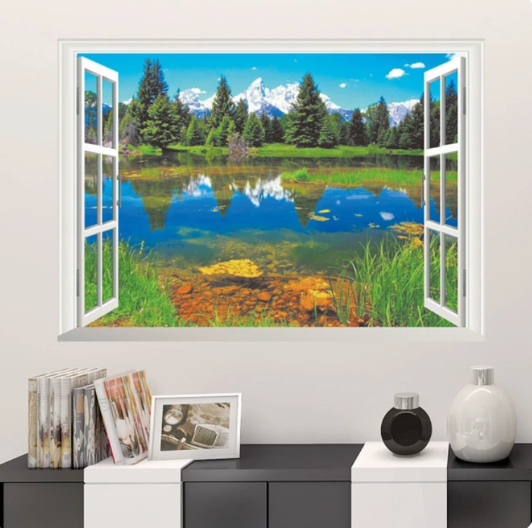 FOREST BY LAKESIDE MOUNTAINS FAKE WINDOW LANDSCAPE NATURE PHOTOGRAPHY 3D WALL STICKER MURAL ART Decal