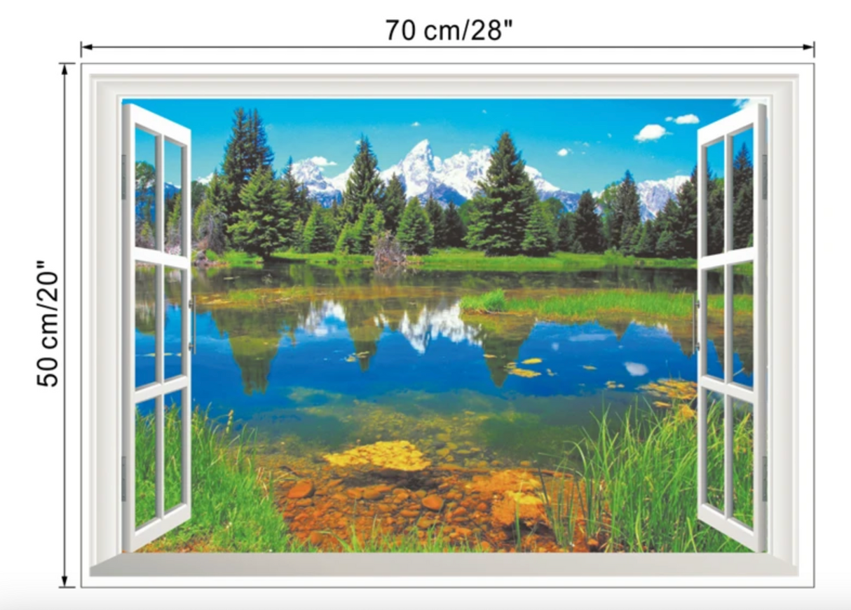 FOREST BY LAKESIDE MOUNTAINS FAKE WINDOW LANDSCAPE NATURE PHOTOGRAPHY 3D WALL STICKER MURAL ART Decal