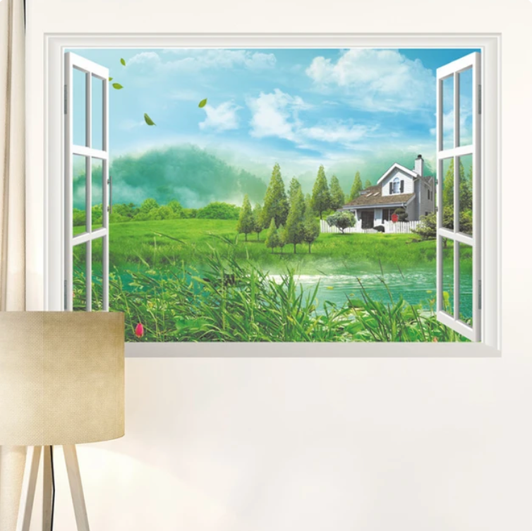 CABIN BY LAKE MOUNTAINS FOREST FAKE WINDOW LANDSCAPE NATURE PHOTOGRAPHY 3D WALL STICKER MURAL ART Decal
