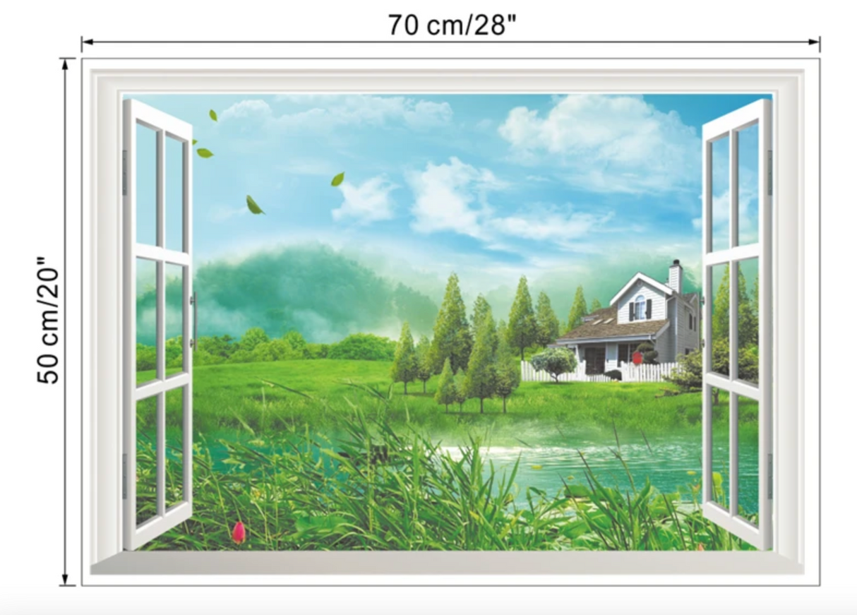 CABIN BY LAKE MOUNTAINS FOREST FAKE WINDOW LANDSCAPE NATURE PHOTOGRAPHY 3D WALL STICKER MURAL ART Decal