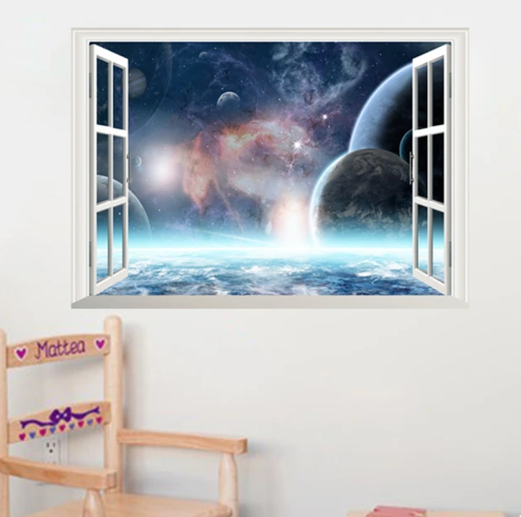 GALAXY SAPCE PLANETS EARTH SINGULARITY FAKE WINDOW LANDSCAPE NATURE PHOTOGRAPHY 3D WALL STICKER MURAL ART Decal