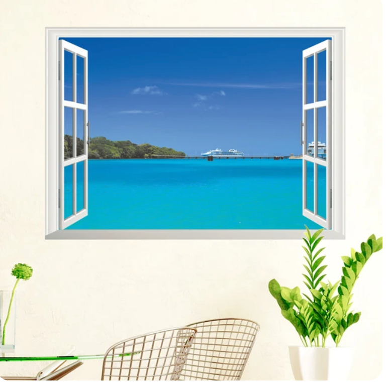 TROPICAL ISLAND MOUNTAIN BOAT AT SEA BEACH FAKE WINDOW LANDSCAPE NATURE PHOTOGRAPHY 3D WALL STICKER MURAL ART Decal