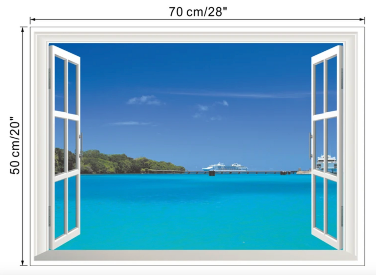 TROPICAL ISLAND MOUNTAIN BOAT AT SEA BEACH FAKE WINDOW LANDSCAPE NATURE PHOTOGRAPHY 3D WALL STICKER MURAL ART Decal