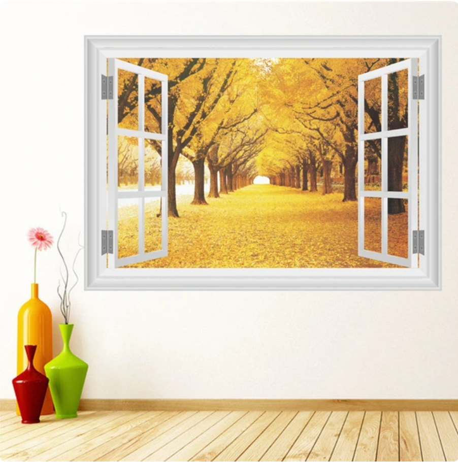 AUTUMN TREES WALKWAY NATURE YELLOW GOLD FAKE WINDOW LANDSCAPE PHOTOGRAPHY 3D WALL STICKER MURAL ART Decal